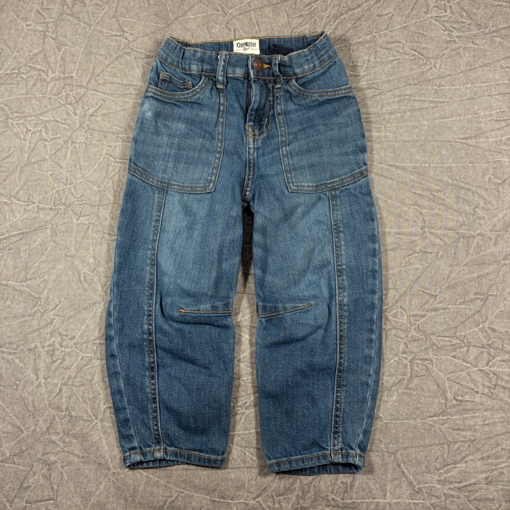 OshKosh Bgosh Boys Blue Denim Jeans Size 5 Adjustable Waist Patch Pocket Seamed